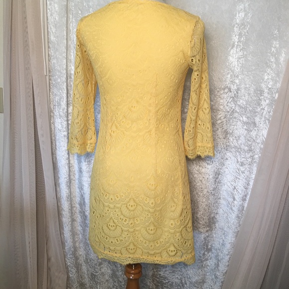 London Times Yellow Lace Dress lined three quarter sleeves Size 4 - Picture 5 of 11